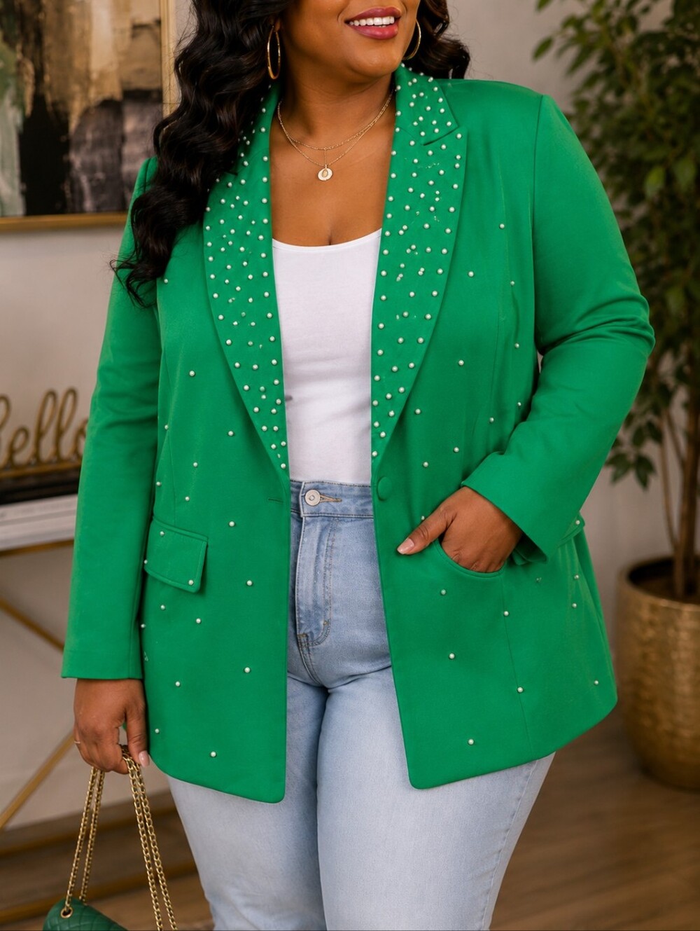 Aomei Pearl-Trim Green Blazer Jacket
